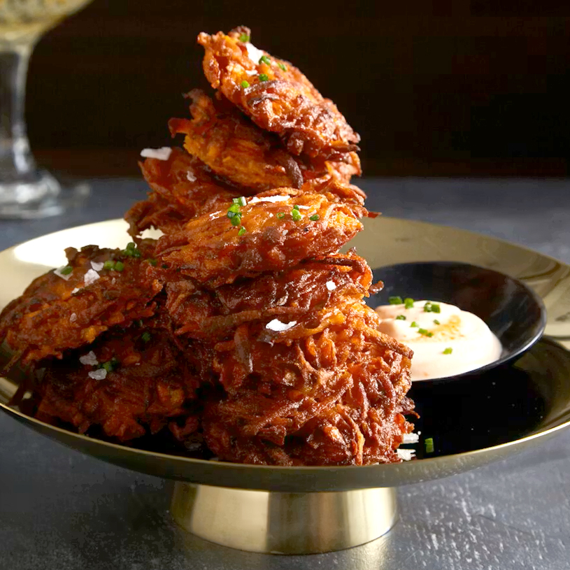 Sweet Potato Latkes With Sriracha Crème Fraîche