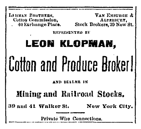 Advertisement for brokering cotton and produce represented by Leon Klopman.