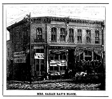 A newspaper lithograph of Meyer’s residence (upper floor) and his employer (storefront to the right) in late 1880.
