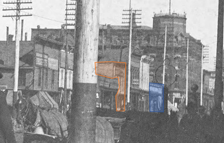 Samuel’s Boston Bazaar moved just a few doors down into the building at 613 Harrison Avenue (orange) during the summer of 1910 from the building at 619-621 Harrison (blue).