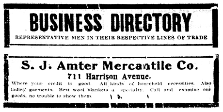 This “business card” advertisement for S. J. Amter Mercantile Company was listed in the Business Directory of The Herald Democrat, September 7, 1902.