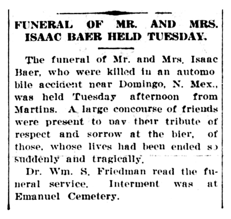 Funeral Notice for Isaac and Hattie Baer.