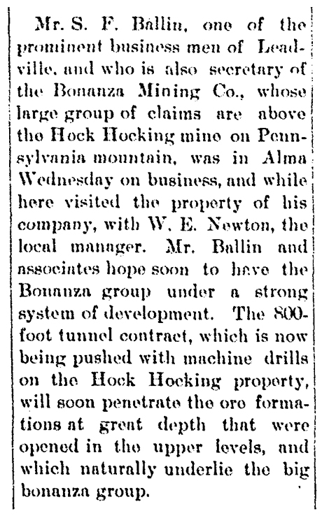 Snippet article in the Park County Register reporting the activities of Bonanza Mining Company. S.F. Ballin is the secretary of the mining company.