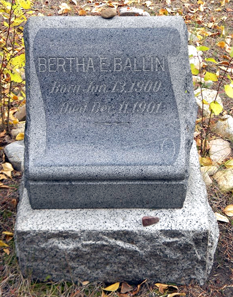Just shy of two years old, the grave marker for Bertha E. Ballin serves as a harsh reminder of the high infant mortality rate during the era.