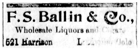 Business card advertisement for Ballin in The Twin Lakes Miner. The initials were reversed and should be S.F. Ballin for Siegfried Fred Ballin.