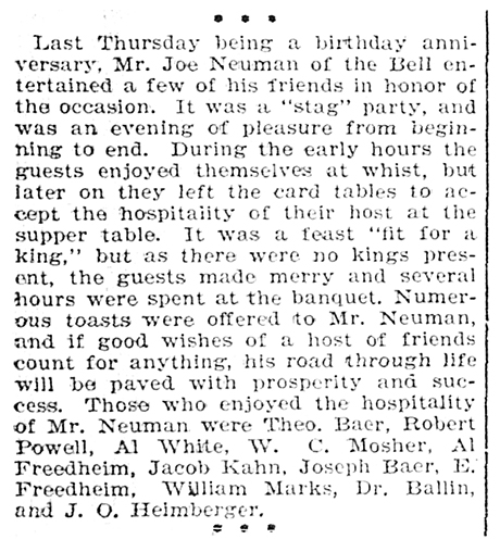 A snippet article in The Herald Democrat telling about a “stag” birthday party and the attendees who were present, which included Dr. Ballin.
