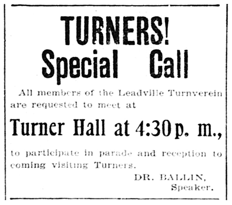 Small notice from the Turnverein Society requesting members’ presence. Dr. Ballin was the speaker.