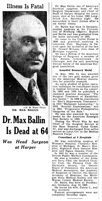 Obituary for Dr. Max Ballin in the Detroit Free Press, Sunday, March 4, 1934 issue.