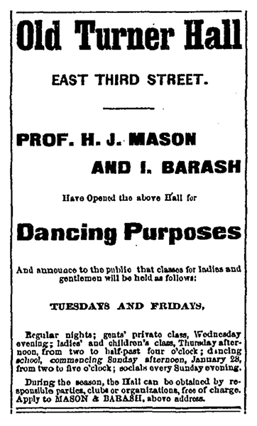An 1882 advertisement for the Mason & Barash dance hall. 