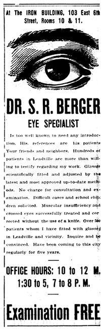 Advertisement for Dr. S. R. Berger in The Herald Democrat in 1905.