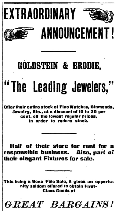 Advertisement for Goldstein & Brodie, “The Leading Jewelers”, announcing that half of the store would be available to sublet to “a responsible business”.