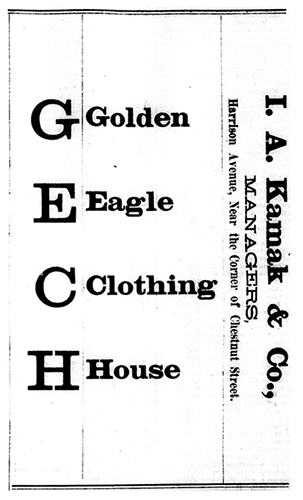 Advertisement for Golden Eagle Clothing House. 