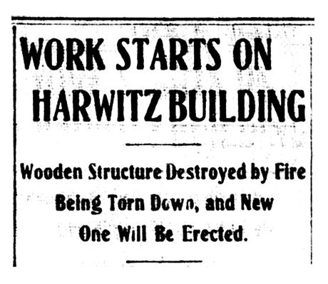 Headline of an article in the Herald Democrat reporting about the cleanup after the fire and rebuilding efforts of the Harwitz building.