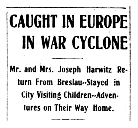 Headline of article in the Herald Democrat reporting that Mr. & Mrs. Harwitz were back home from Europe.