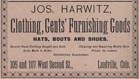 Advertisement for Joseph Harwitz found in the 1891 city directory for Leadville.