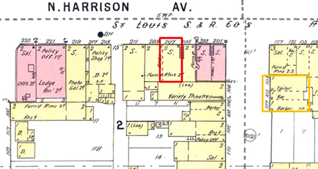 In 1895, Joseph moved the store and the family residence from 103-107 West 2nd Street (in yellow) to 207 Harrison Avenue (in red).