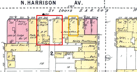 Highlighted in red; In this clipping from Leadville’s 1895 Sanborn Fire insurance map, it is unclear which building was 213; the newspaper stated the structure as “at the corner of the alleyway and Harrison”. 