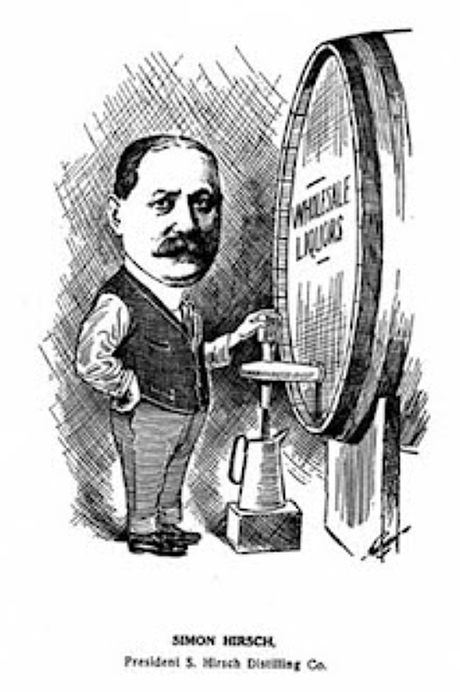 This caricature drawing shows a large keg with Simon Hirsch as the President of the S. Hirsch Distilling Company.