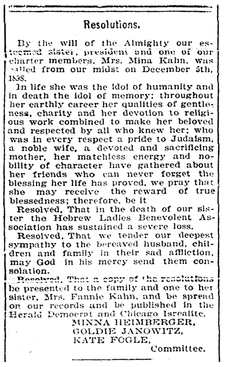 A resolution by the Hebrew Ladies Benevolent Association giving memorial to Mina Kahn printed in The Herald Democrat on December 19, 1898. Goldie Janowitz was on the committee.