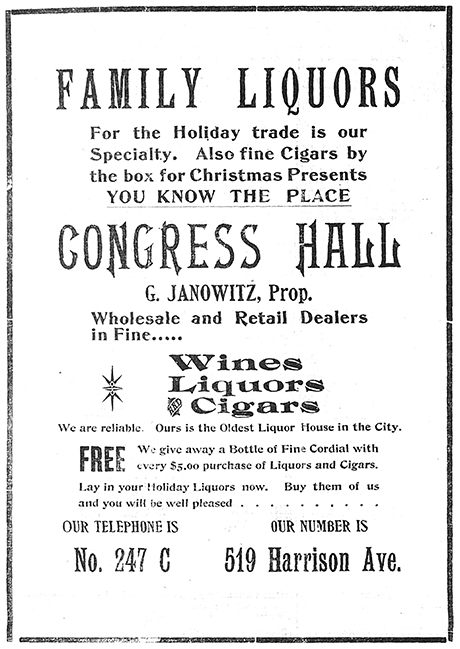 Advertisement promoting Congress Hall for liquors and cigars for Christmas in The Herald Democrat on December 24, 1899.