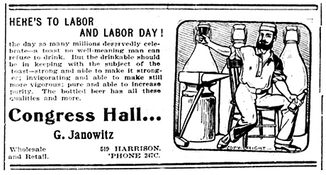 Advertisement by Congress Hall honoring laborers for Labor Day in The Herald Democrat on September 6, 1900.