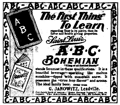 An advertisement by the Saint Louis brand producing A.B.C. Bohemian bottled beer that can be purchased from G. Janowitz in Leadville.