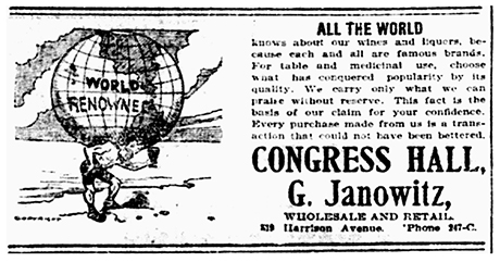 Advertisement by Congress Hall for wines and liquors found in The Herald Democrat on May 9, 1900.