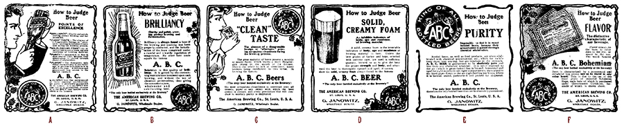 A series of advertisements by the American Brewing Company of Saint Louis showing five Points of Excellence in How To Judge Beer with G. Janowitz as the wholesale dealer spanning August and September of 1904 in The Herald Democrat.