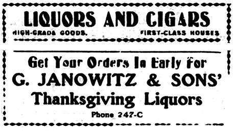 Business card advertisement for G. Janowitz & Sons in the Liquors and Cigars section of The Herald Democrat on November 30, 1905.