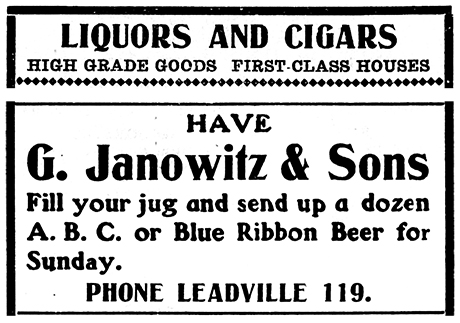 Business card advertisement for G. Janowitz & Sons in the Liquors and Cigars section of The Herald Democrat on April 18, 1908.