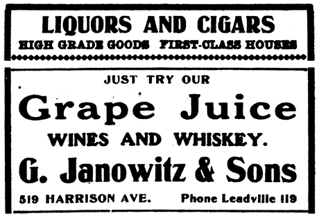 Business card advertisement for G. Janowitz & Sons in the Liquors and Cigars section of The Herald Democrat on April 19, 1909. With the mention of grape juice, seems possible that they were promoting the nonalcoholic juice ahead of the future Colorado prohibition.
