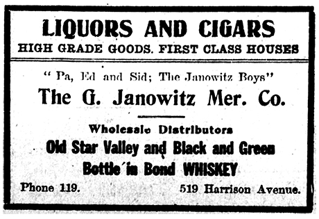 Business card advertisement for The G. Janowitz Mercantile Company in the Liquors and Cigars section of The Herald Democrat on October 31, 1911.