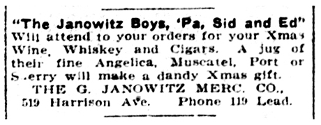 Small text advertisement from The G. Janowitz Mercantile Company in The Herald Democrat on December 22, 1911.