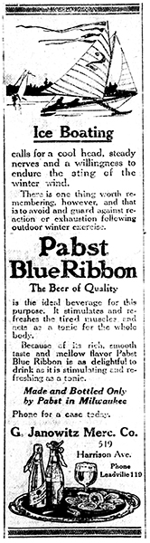 Advertisement promoting Pabst Blue Ribbon beer as an “ideal beverage” after ice boating, sold by G. Janowitz Mercantile Company.