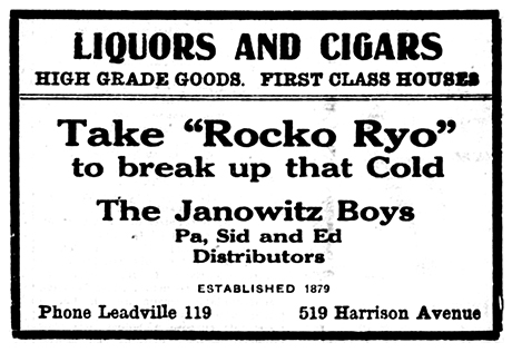 Business card advertisement for The Janowitz Boys in the Liquors and Cigars section of The Herald Democrat on January 8, 1913.