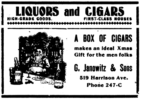 Business card advertisement for G. Janowitz & Sons in the Liquors and Cigars section of The Herald Democrat on Sunday 16, 1906.