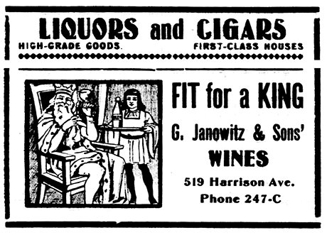 Business card advertisement by G. Janowitz and Sons promoting their wines as “Fit For A King”. 
