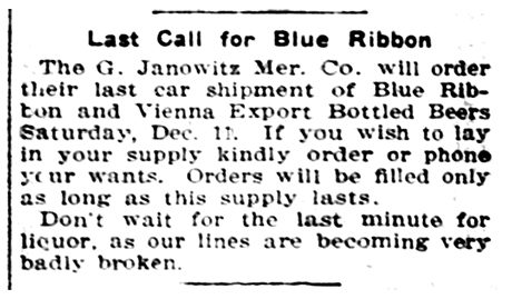 Text advertisement stating for the last call of beers as supply will soon end ahead of Colorado Prohibition.