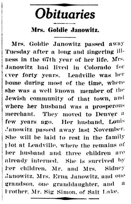 Obituary notice for Mrs. Goldie Janowitz, wife of deceased Louis Janowitz, who would be interred in the Hebrew Cemetery in Leadville, Colorado.