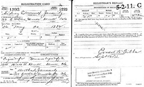 Registration card of Sidney Emanuel Janowitz for the United States draft during the Great War period.