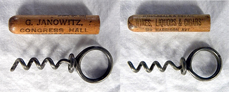 This promotional corkscrew and cap set was a product of the G. Janowitz mercantile, circa 1890. Two views of the same set. 