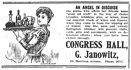 Advertisement for various liquors by Congress Hall in The Herald Democrat on February 15, 1900.