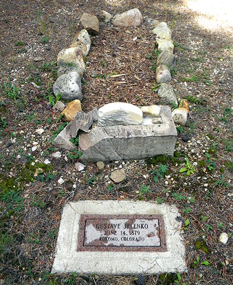 Grave plot with eroded original marker and modern marker for Gustave Jelenko in the Hebrew Cemetery.
