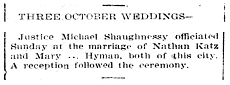 Short notice about the marriage of Nathan Katz to Mary Hyman among two notices of marriage.