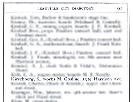 Listing of Samuel Kirschberg in the 1879 Leadville City directory.