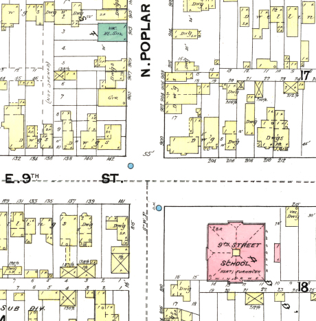 Sanborn fire insurance map showing the location of the 9th street school at the corner of 9th Street and Poplar Avenue.