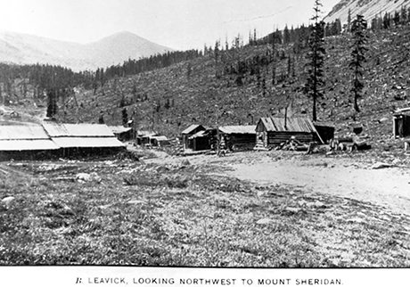 Photograph showing structures at Leavick, possibly taken between 1890 and 1900. If accurate, the town was inhabited and the nearby mines still active.