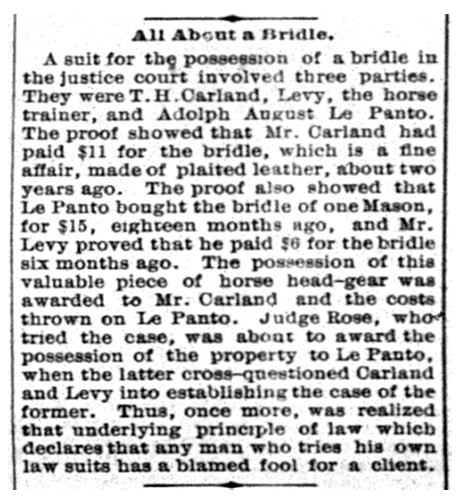 All About A Bridle. (Leadville, CO: Carbonate Chronicle). Saturday, November 28, 1885. Page 8.