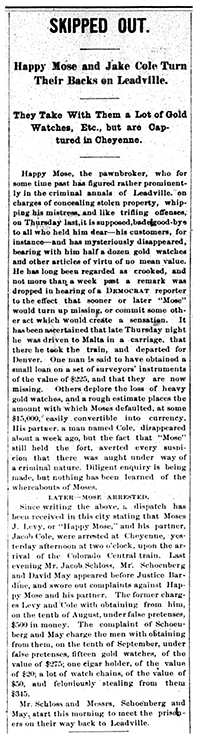 Skipped Out. Leadville, CO: Leadville Weekly Democrat. Saturday, September 18, 1880. Page 2.