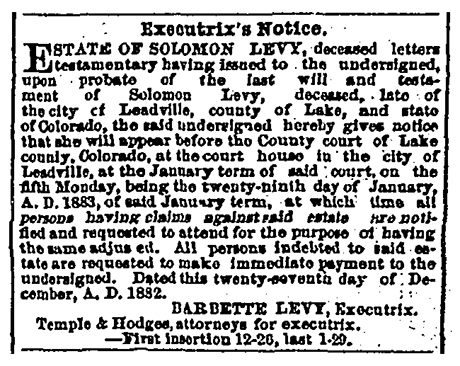 Executrix Notice. (Leadville, CO: Leadville Daily Herald). Wednesday, January 3, 1883. Page 3.